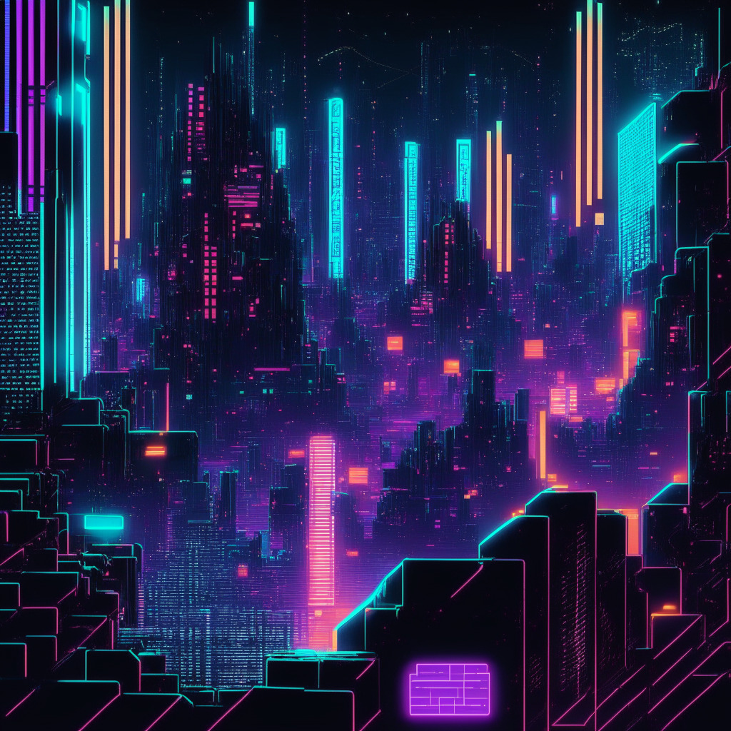 A neon-lit cyber cityscape where digital tiles slide into place, the glow intensifying as they merge to form the sought-after 8192 tile. Include the visual representation of rising transaction chart in the backdrop reflecting game's popularity, style it like a classic 16-bit video game. Capture the mood of thrilling anticipation catalysed by competitive gameplay, but subtly show the accumulating gas fees as growing shadows, hinting at potential challenges.