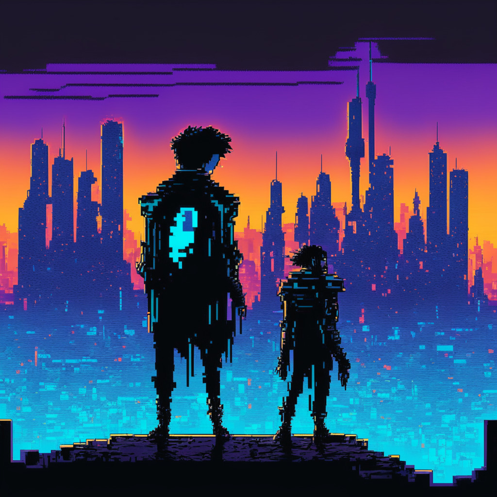 Cyberpunk sunset setting, a futuristic cityscape painted in dark blue and neon hues. In the foreground, a newly digitized Snoo character in nostalgic pixel-art style stands, elegantly embracing a shiny NFT coin. A featureless figure, representing anonymity, peruses an ambiguous social media platform on a holographic screen. There's a sense of dynamic, frenetic energy, reflecting the ever-evolving blockchain landscape and the fleeting nature of crypto trends. The style is a blend of hyperrealism and impressionism, the mood intense and contemplative.