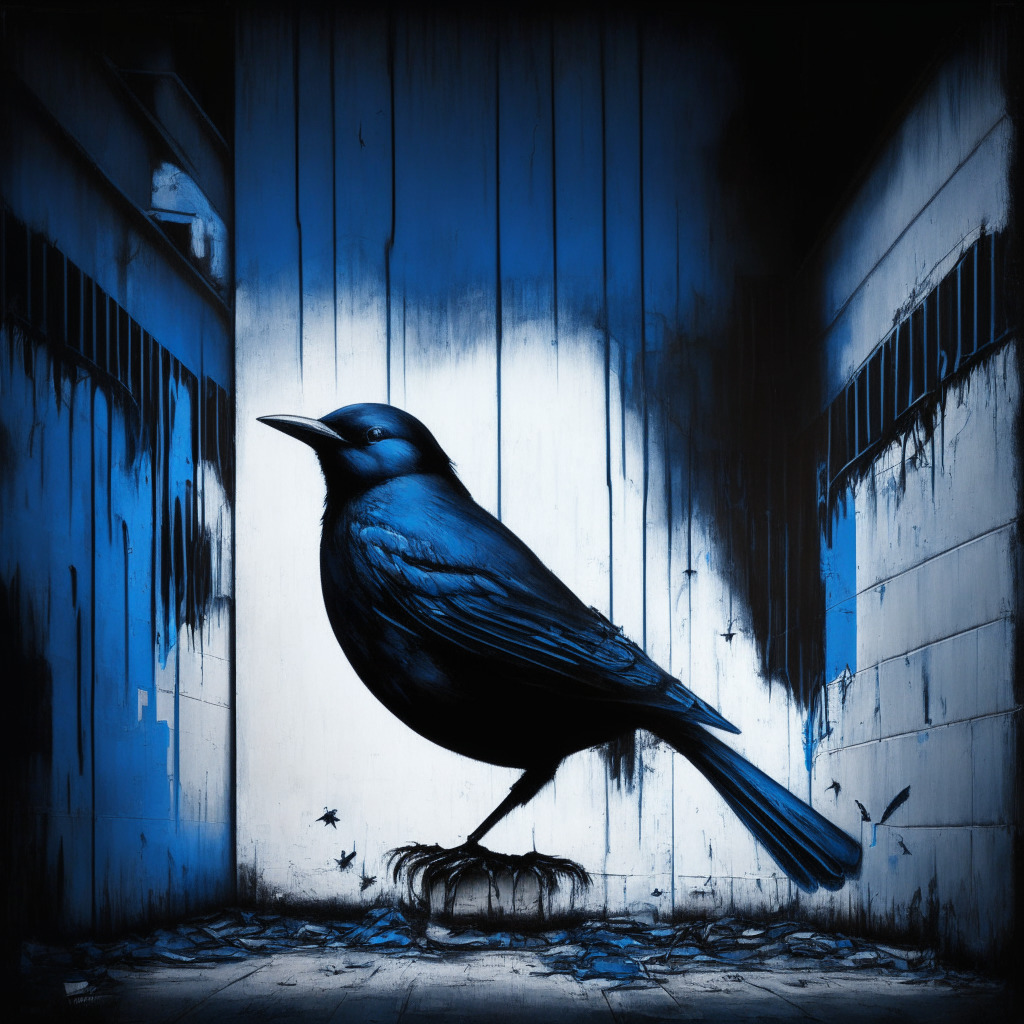 A dramatic transition scene, dusk light cascading onto an iconic blue bird morphing into a stark black and white 'X', symbolising change. The artwork in a detailed urban graffiti style, evokes uncertainty and curiosity. The mood, ambivalent and edgy, reflects the uneasy blend of nostalgia and novelty.