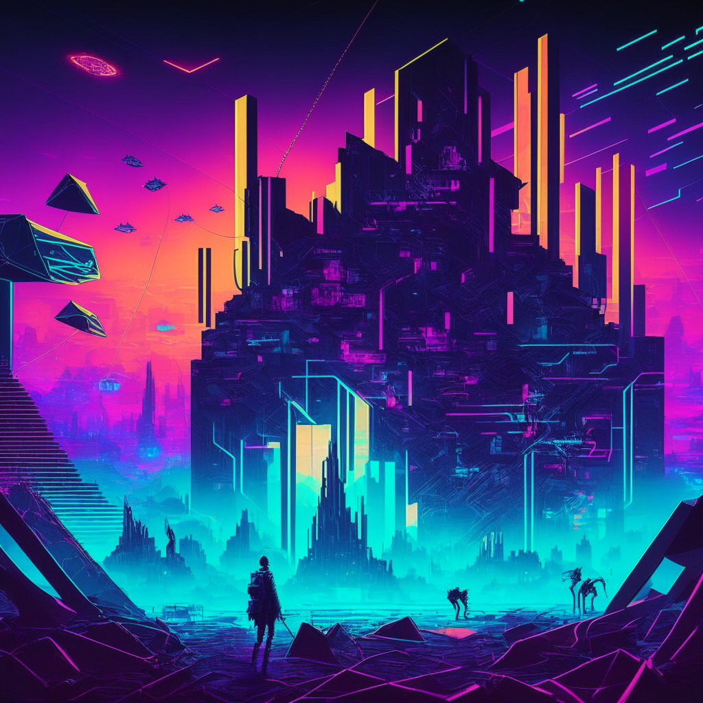 Futuristic digital landscape showing an amalgamation of gaming and blockchain technology, depicted in a vibrant, polygonal cyberpunk art style. Setting: Moody twilight with neon highlights enhancing contrast. Dominant elements include figures playing games on holographic screens, digital coins and data strings flowing in the background, representing blockchain. Emphasising transition, revolution, and anticipation.