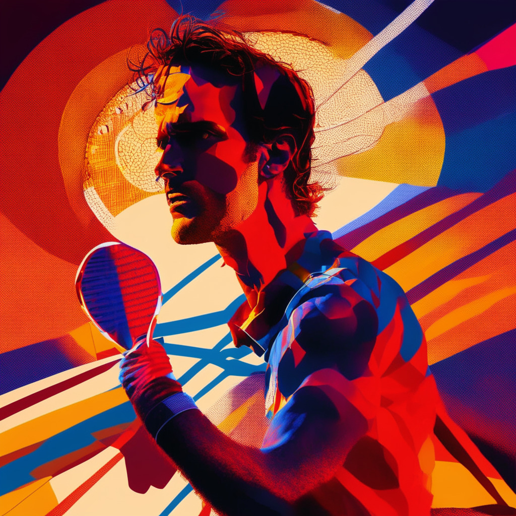 A rendering of a vibrant, dynamic digital artwork inspired by Andy Murray's tennis career, encapsulating 18 years of Wimbledon success, in a blend of hyperrealism and surrealism. A clock setting sun casts shadows on a virtual tennis court, playing with hues of somber blues and fiery reds, indicating the passage of time and a dramatic mood. Amidst that, a figure effervescent with data represents the champion's journey of triumph and trials.