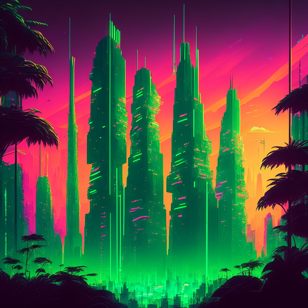 A vibrant futuristic city shining under a neon sunset, symbolizing the crypto boom. Skyscrapers are adorned with symbols of metaverse and zero-knowledge-proof tools. Lush green money trees grow, representing escalating infrastructure funding. Mood: An optimistic blend of mystery, intrigue, and anticipation.