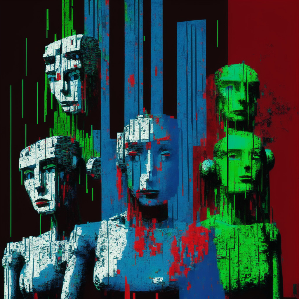 Dystopian Hollywood set with AI robots and cameras, Netflix green dollar bills raining down, distressed faces of actors reflected on robot bodies. Artistic elements of renaissance painting, dramatic lighting with shadows to emphasise the mood of fear and uncertainty, underlying hues of regal red and blue depicting the power struggle, border of pixelated transformation to symbolize the shift to 'X'.