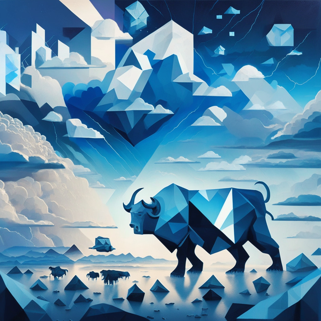 Abstract landscape at dawn, crisp edges in cubist style. Astral blues and silvers show a 'crypto universe' with hovering symbols representing Ethereum, ZK-rollups, and a bear evolving into a bull. In the distance, a passing storm represents security concerns. The general mood is optimistic, with light breaking through clouds, highlighting potential gains.