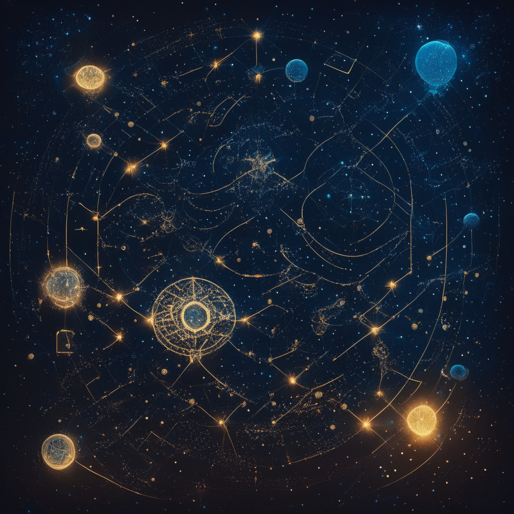 Night sky filled with constellations representing various AI and Bitcoin symbols. A large model of Language Lab in the center connected with thin glowing lines to Bitcoin and AI icons, signifying seamless integration. Artistic style reminiscent of Renaissance celestial maps. The mood is hopeful, dynamic, illustrating the convergence of technologies. Light setting is ethereal, emphasizing the ground-breaking concept.