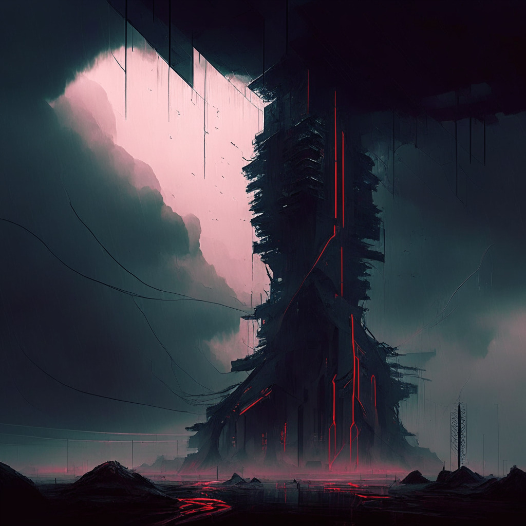 Dystopian cyberpunk landscape under a stormy sky, fractured digital architecture representing the zkSync network, in the center a looming, twisted structure symbolizes the Era Lend app. Shadowy figures, akin to hackers whispering in the mist, exploit a thinly veiled glitch in the structure, representing a 'read-only reentrancy' bug. Subtle hues of shifting red indicate the draining funds, offset by the cold blue light of the digital landscape, reflecting a somber mood. The environment encapsulates the urgency of the blockchain security issue, hinting at the need for stronger defenses in the intricate cryptoworld.