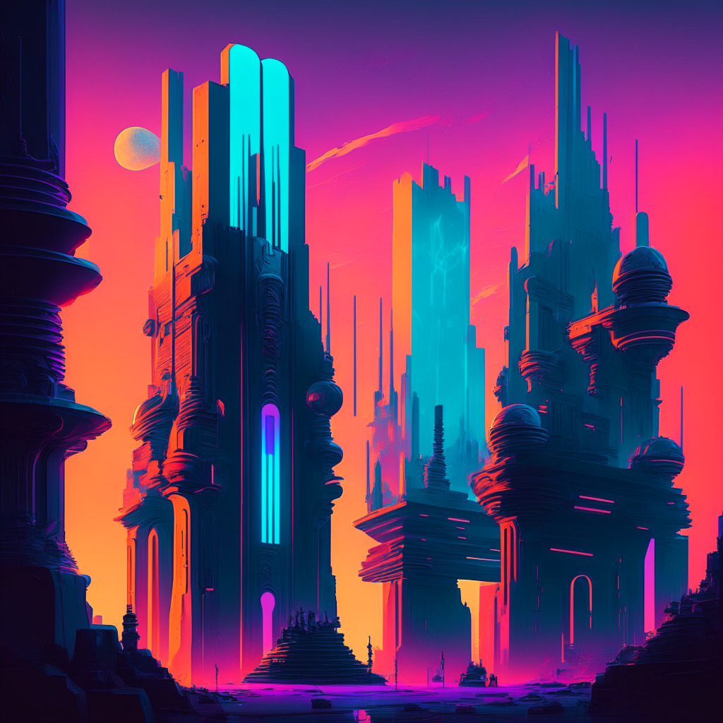 Ancient city set in neon twilight, steeped in striking postmodernist aesthetics, backdrop of a futuristic sky infused with blockchain motifs. Mingle gods, humans, and monsters, portraying a quirky, whimsical vibe. Embed subtle symbols of NFTs and tokens provoking an aura of mystery. Mood: Ambiguously exciting, teetering between apprehension and optimism.