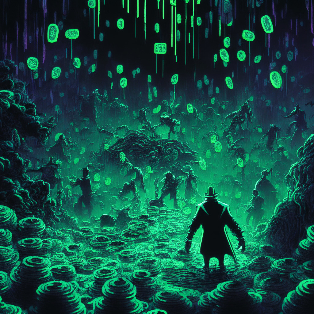 A dramatic scene depicting the volatile cryptomarket, a flood of tiny microcap tokens springing to life illuminated in kinetic neon hues. In the coal-dark background, giant tokens like Pepe, Floki, and Bobo cast uncertain shadows. They loom over greyscale investors, dwarfs in awe of the lights. Mood: Suspense and anticipation tinged with risky undertones.