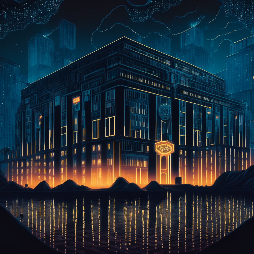 An intricately rendered dusk scene with the U.S Department of Justice building shrouded in mystery, with a cybernetic atmosphere. Feature countless luminescent streams of data, symbolizing Bitcoins, leaving the building and branching out into numerous smaller streams reaching towards a cluster of 101 digitally stylized wallets, representing the dispersion of the Bitcoin transaction. Despite the hazy sunset, the glow from the data streams provides an eerie illumination. Dark shadows across the building to evoke secrecy, elements of suspense suggested by the looming silhouette of an unknown figure subtly observing the transaction. Artistic filter set to a gritty, film-noir style to heighten the enigmatic mood.
