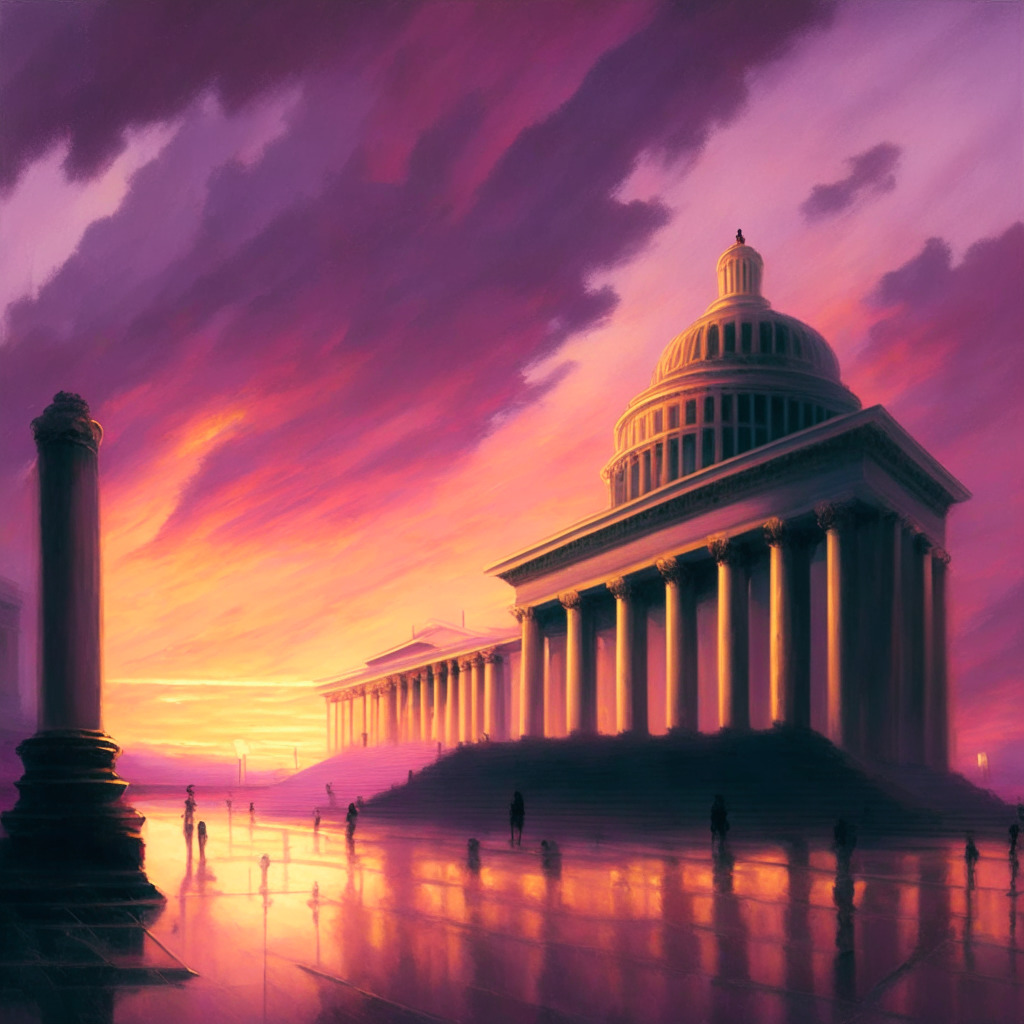 A neo-classical painting that depicts a reflective US Senate hall, illuminated in soft pastel tones conveying hope for cryptocurrencies, amidst an aftermath of a market crash. In the background, a sunset symbolizing the end of free-market turmoil. The mood is cautiously optimistic yet tensed, infused with anticipation for the forthcoming bill.