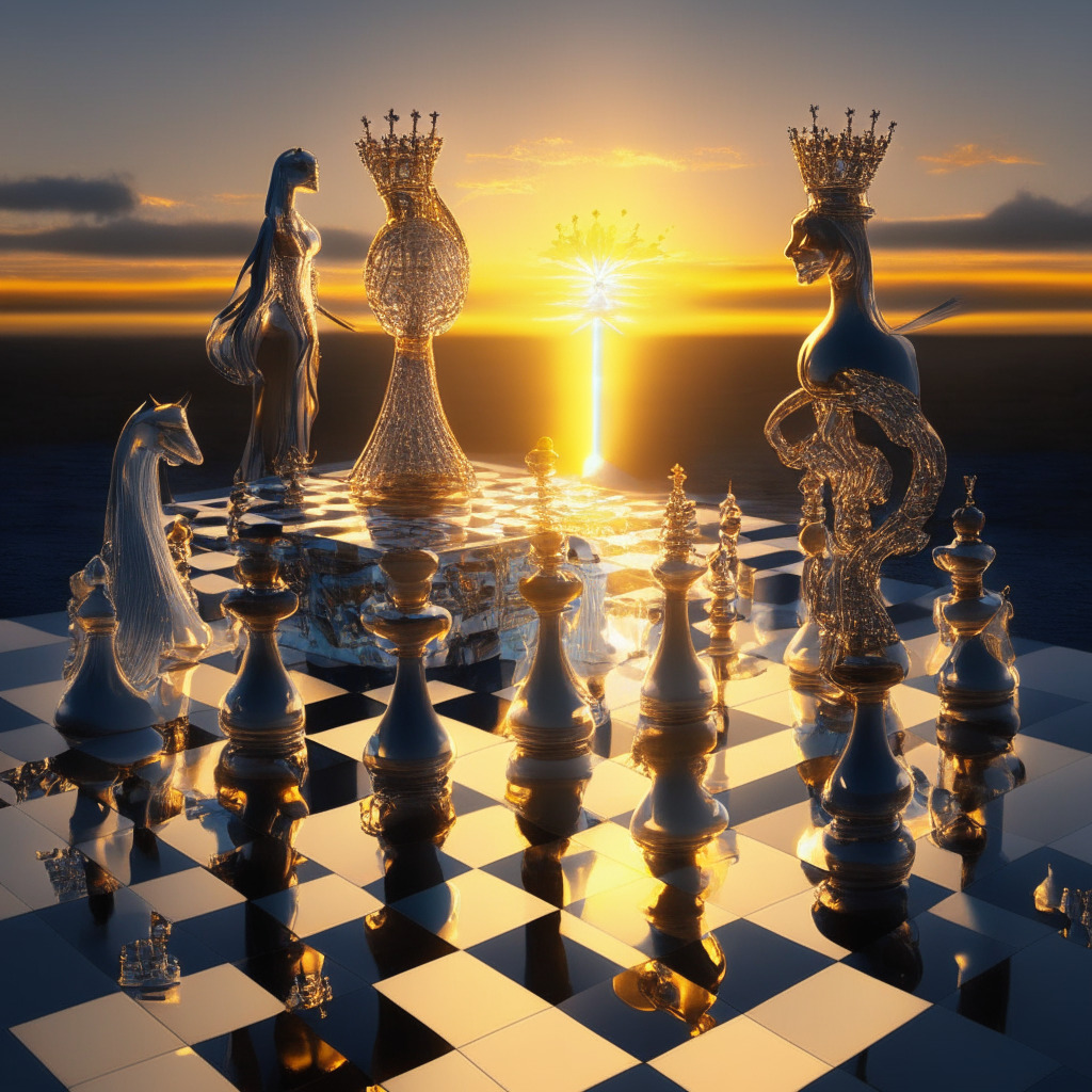 Surreal chessboard at sunset, translucent chess pieces representing various companies in cryptocurrency, with a central, gold-winged queen gleaming in light, signifying Constance Wang. Artistic style in a mix of futuristic and stately Renaissance tones, showing her elegant career transition. Ambient light highlights a web of thin, silver strings, illuminating connections. Mood is anticipative, promising.