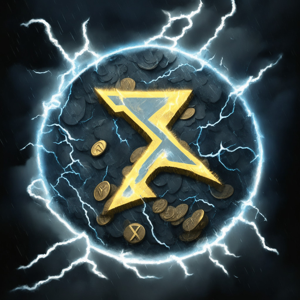A digital storm in a modern, abstract style. Swirling coin-themed tokens in varying degrees of luminosity signify the rise and fall of value, aligning with the 'X' theme. The light is flux, an economic boom. Prominent characters convey meme culture, anti-establishment ethos. The mood: simultaneously exhilarating and cautionary.