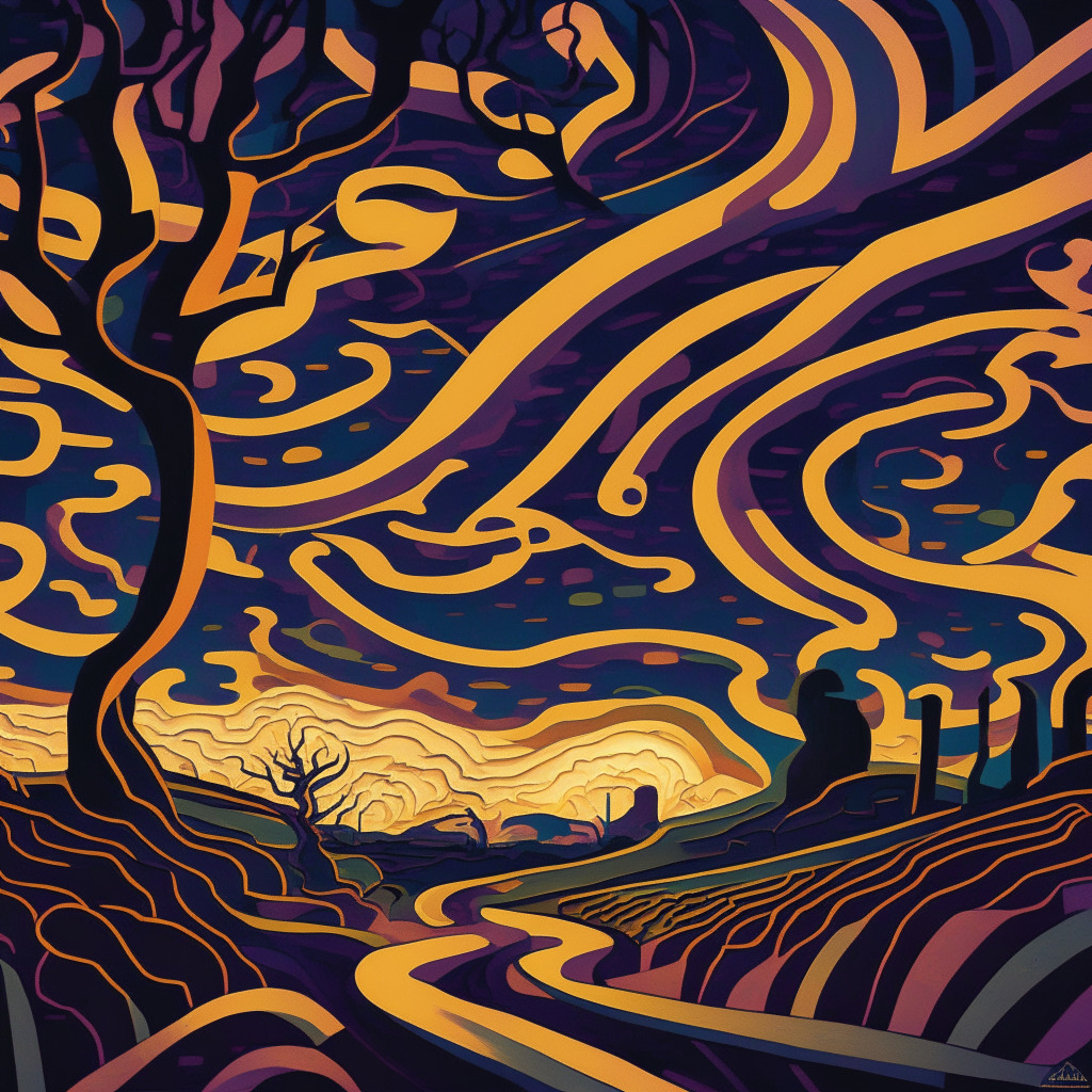 An intricate blockchain landscape, dusky twilight setting, blockchain nodes transforming into U.S. Treasury bills and bonds. In contrast, a spiraling descent of DeFi yields, atmosphere is tense yet hopeful. Painted in an expressionist style, the image reflects the mood of fluctuation and emergence in the tokenized asset market.
