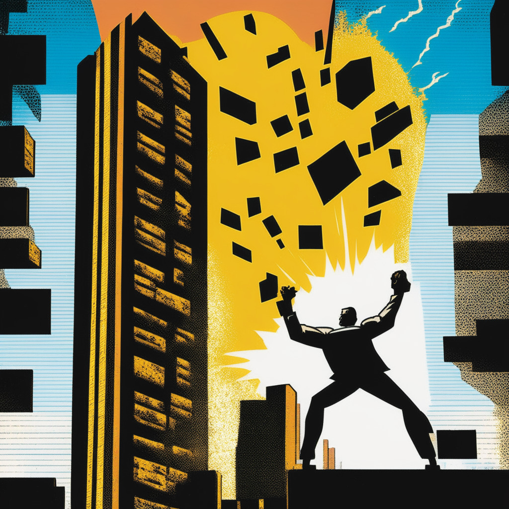 70s comic book style image, central figure representing Tetris token rocketing high then crashing down, symbolizing volatility. In the background, silhouette of Wall Street, infused with subtle memes, signifying Wall Street Memes' rise. Early afternoon light softened with a vintage filter, to denote careful optimism. Bright, contrasting colors evoke high-risk nature of the crypto world.