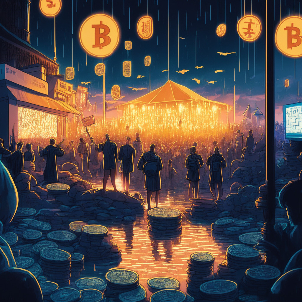 Depict a calm, tranquil cryptocurrency market scene, with shining representation of Bitcoin and Ethereum in a serene twilight setting. Add depth with a bustling, turbulent micro-crypto market, where coins like KSI, PEPE2.0, and RAIN steadfastly rise amidst chaos. Use a vibrant, comic style to embody the meme coin element. Set an air of suspense and anticipation to reflect the upcoming market events.