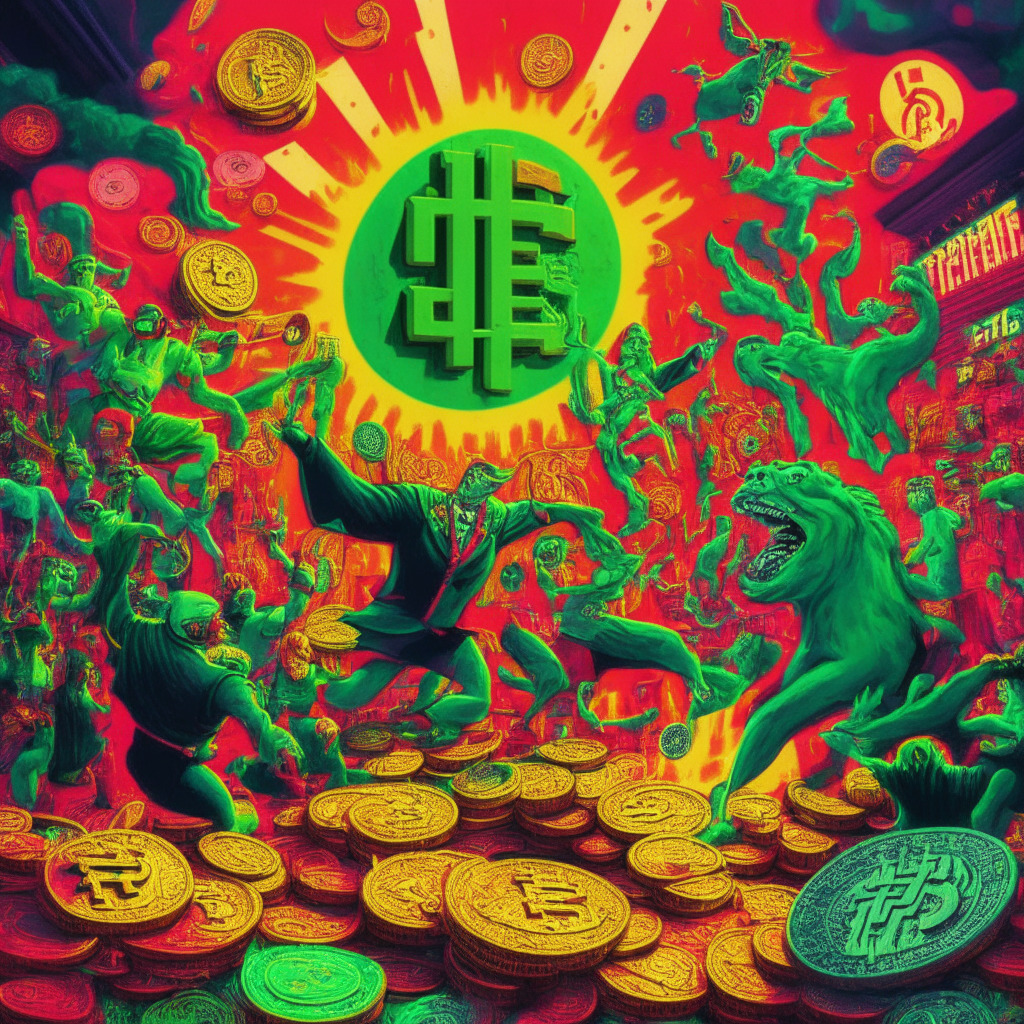 A vibrant scene from the bustling world of cryptocurrencies and meme coins. The light setting is a surreal mix of green and red to represent the volatile nature of this financial landscape. Dynamic, expressive, and pop-art inspired illustrations of FTT Token, WSM, HANKEY, and $THUG coins are in motion, depicting the surge and fall of values. In the background, abstract motifs represent speculative social media chatter, fostering a tantalising risk-reward atmosphere. The mood is tense, exciting, yet opportunity-laden.