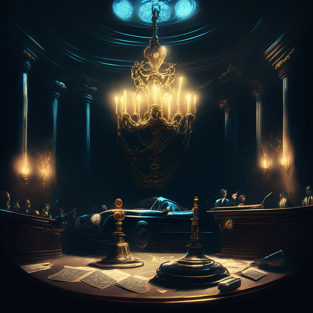 A nocturnal courtroom scene, painted in Baroque style with intense chiaroscuro light effects. The main focus is on a striking gavel encased in a sparkling aura, poised to strike. Surrounding this are ghostly representations of luxury cars, faded cryptocurrency symbols, and discarded pop culture badges, subtly hinting turmoil beneath fame and wealth. The overall mood is a somber commentary on the volatility of cryptocurrency and justice.
