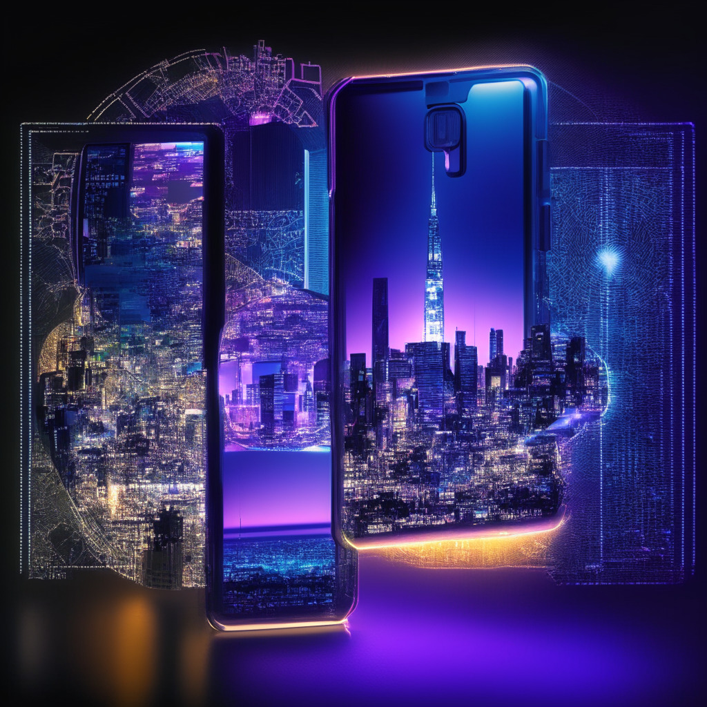 An image emphasizing futuristic technology, using elements from neo-noir art style. Main focus on a smartphone projecting a holographic image of a digital passport next to an iris, symbolising biometric identification. In the backdrop, a sketch of three cityscapes, Barcelona, Berlin, and Tokyo, glowing in the hues of dusk, portraying the global scale. The iris and cityscape are illuminated with a soft, warm light creating a mysterious and sceptical mood.