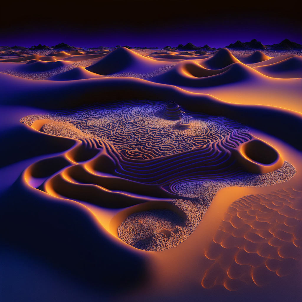 A digital landscape under a resplendent cosmic sky, silicone sand forming contours of a sandbox, casting long shadows under the twilight glow, embodying a mood of exhilaration and caution. Developers tinkering with holographic gears and cogs, the sandbox morphing into a variety of digital assets and encrypted networks. In a corner, notated algorithms evoking sustainability themes, while walled protection shields encapsulate the scene.