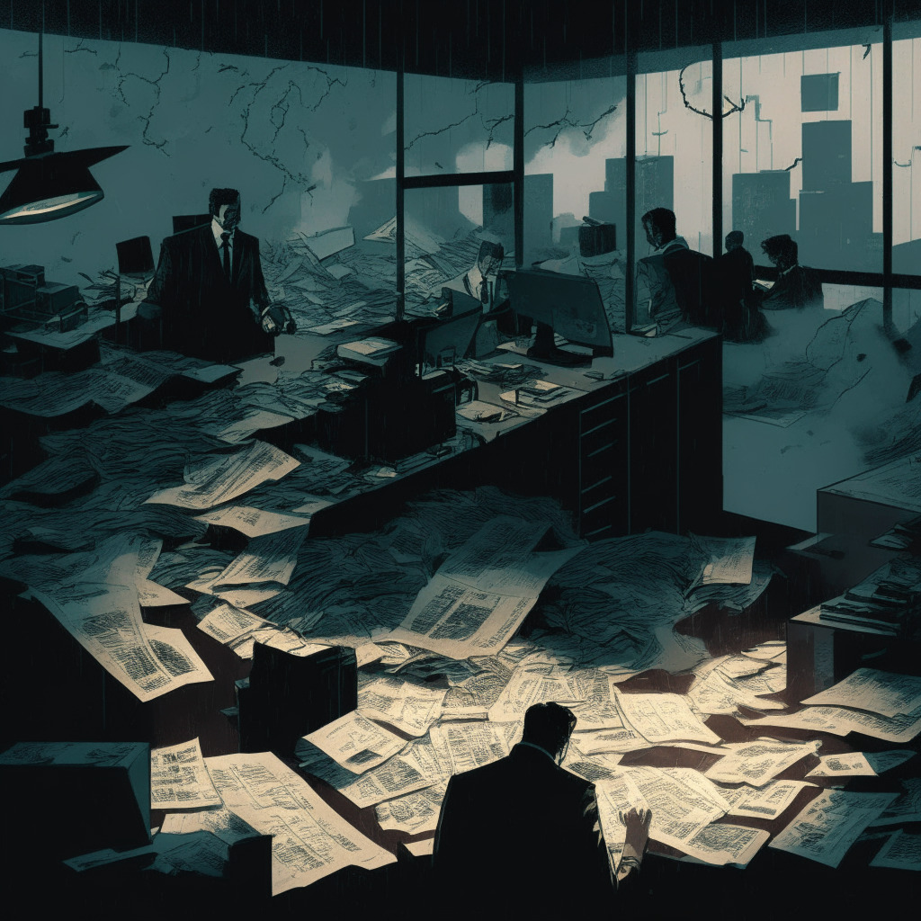 A chaotic business office, centralized around a diagram of a tumbling cryptocurrency coin, under dark cloudy skies, reflecting the turmoil of the case. Shadows of disgraced men loom large, highlighting the allegations and suspense. Foreground shows scattered documents, embodying misused financial information. Office immersed in twilight glow, promoting a mood of tension, uncertainty and anticipation.