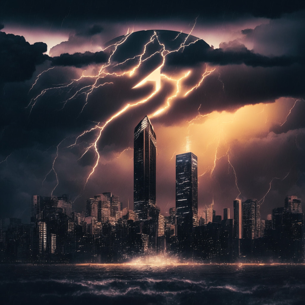 Striking image of a storm-ridden cityscape at sunset, symbolizing a crisis, with two dominant skyscrapers signifying FTX and Taylor Swift. Lightning bolt separating them, picturing the aborted deal. In the foreground, a translucent digital coin, showing the waning trust in FTX. Tinge the scene with a chiaroscuro style to capture the tensions and ambiguity.