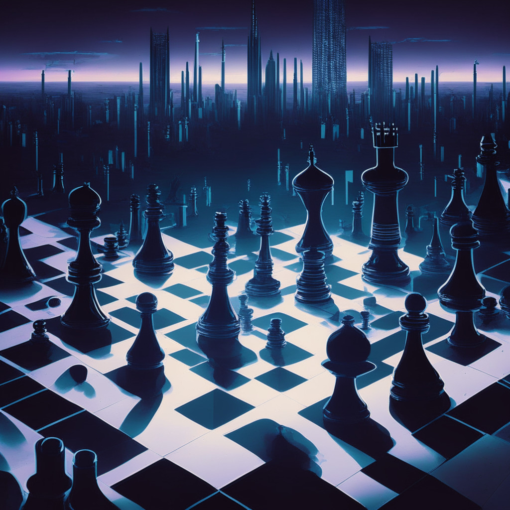 A noir-style futuristic cityscape, cryptocurrency symbols etched into the landscape, casting long shadows in the twilight, a battleground of translucent chess pieces symbolizing the FTX-Alameda debate scattered over a chessboard. The overall scene exudes tension, mystery, and high-stakes financial intrigue, while the muted iridescent palette suggests the unknown territory of the crypto world.