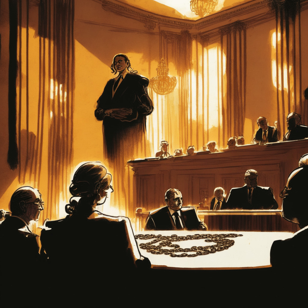 A court hearing set in an opulent chamber at sunset. The room buzzes with tension, illustrating ex-CEO Alexander Mashinsky in a fevered legal battle, the stakes symbolized by heavy chains of gold symbolizing his $40 million bail. A shadowy female figure, his wife, signs a veiled co-signatory bond, her face etched in uncertainty. The mood is somber, casting a gloom over symbols of cryptocurrency. The overall style, a complex blend of realism and film noir.
