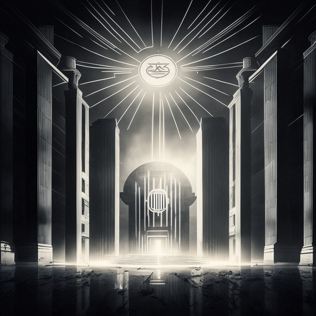 Dramatic, 21st century inspired, monochromatic representation showing a symbolic battle of centralized vs decentralized finance. Centered are motifs of a massive government building (indicating FedNow) & futuristic, transparent cryptocurrency symbols. Illuminate the scene with a cautionary, dusky light accentuating the tension, mood should stir uncertainty & intrigue.