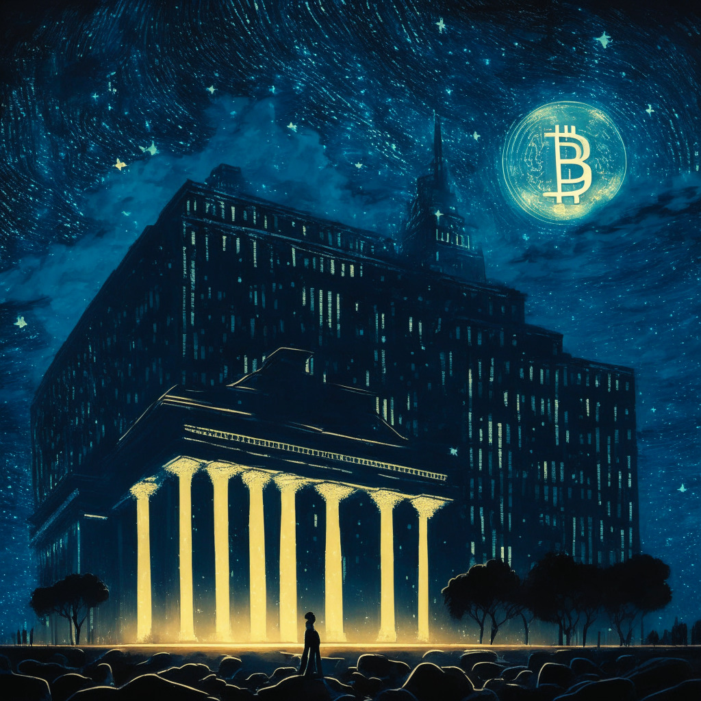 A cryptocurrency market under a starry night sky, effluent with the glow of increasing value - Bitcoin, Ethereum and altcoins ascending. The silhouette of the Federal Reserve building in the background. Mood is hopeful with a hint of caution, painted in a Surrealist style under a soft, diffused light.
