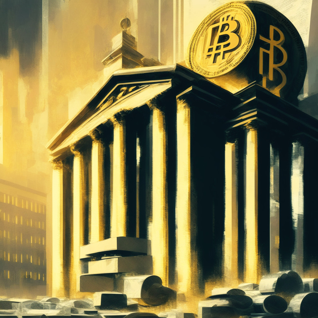 An abstract interpretation of the Federal Reserve building at dawn, a giant scale balancing crypto tokens and dollars in the foreground. Atmosphere is tense. Applied to canvas in the style of an impressionist painting, with heavy, thick brush strokes. Colors are gold and grayscale, adding to the overall mood of uncertainty and anticipation.