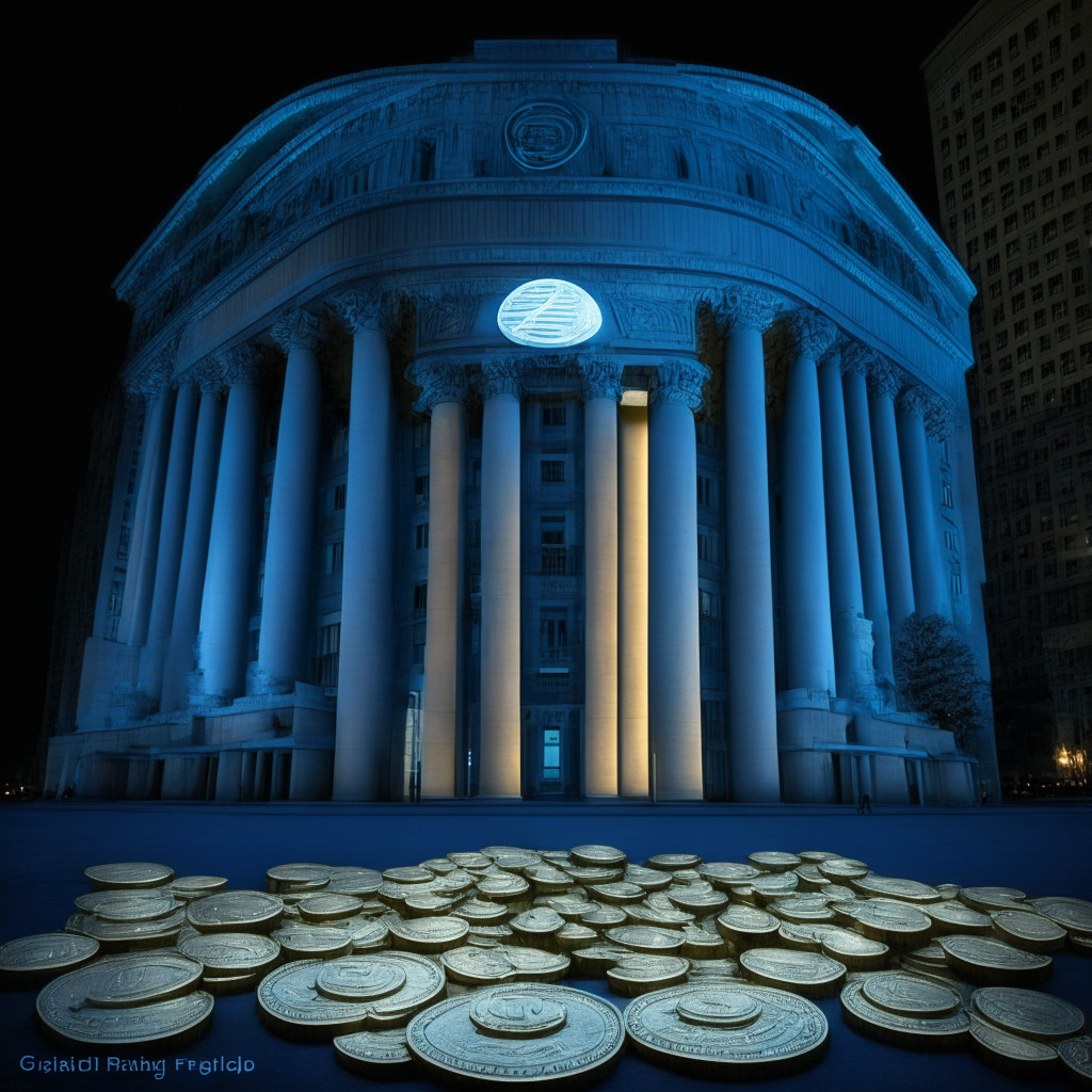 A controversy-laden scene set against the grandeur of San Francisco Federal Reserve Bank in twilight's gentle glow, coins bearing digital matrix imagery symbolising Central Bank Digital Currency artfully arrayed. Embody a balance of cool, impassive tech and vibrant, foreboding threats. Create a Death Star-like specter, looming, casting a shadow over the bank - an ominous symbol of financial control.