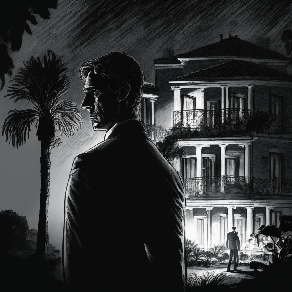 Dramatic depiction of former crypto CEO under federal exploration, sketched in chiaroscuro style to reflect uncertainty. Predominantly nocturnal setting, LA residence in the backdrop while FBI agents search, creating an atmosphere of tension. The mood is suspenseful, hinting at navigations through the legal labyrinth of counter-claims.