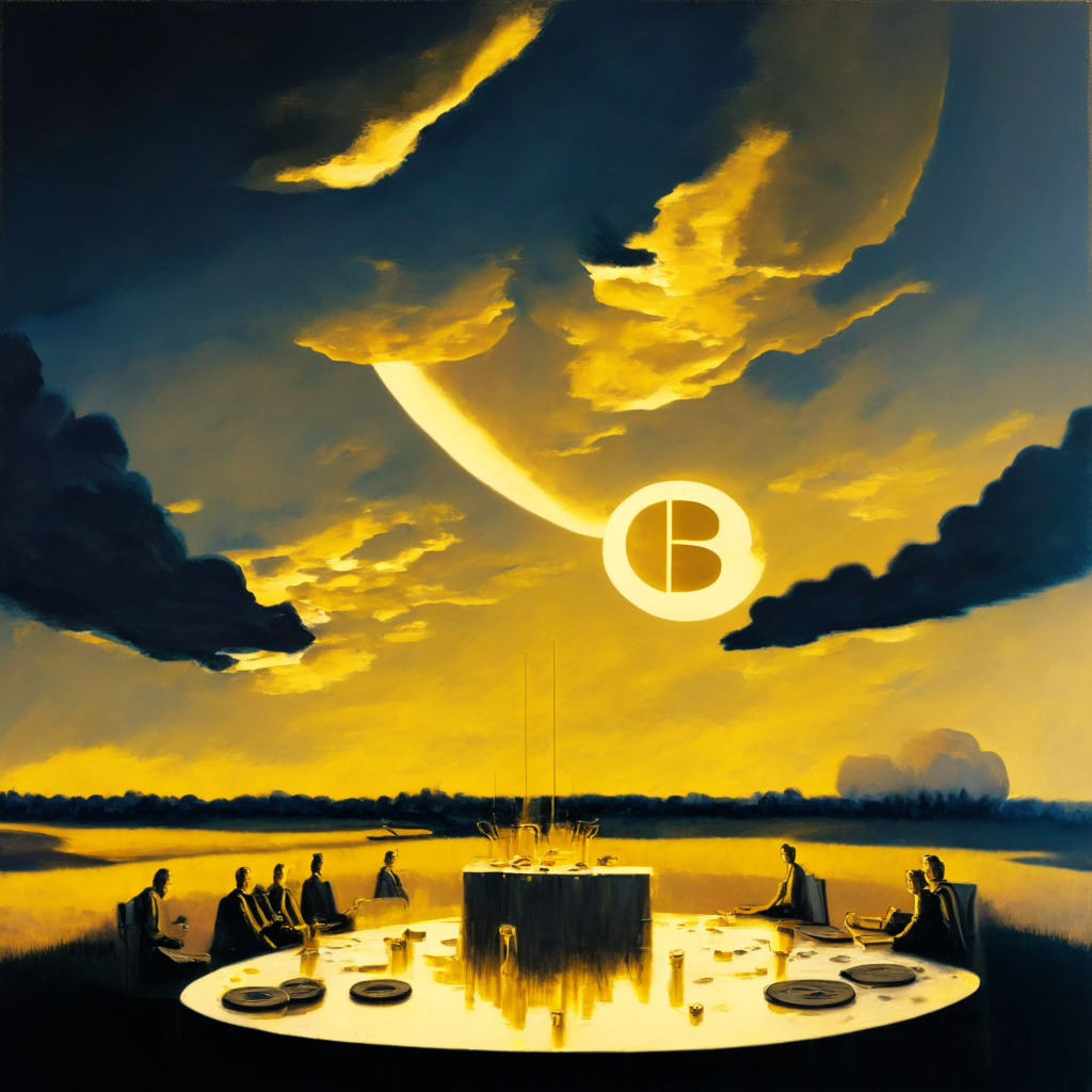 An abstract representation of a monetary policy meeting under an evening sky, in soft oil paint style. The scene emits a calm yet anticipatory mood. Dominating the foreground is an iconic 'bitcoin' in gold and on a trajectory – symbolising its consolidation. Subtly in the backdrop, a sleek modern pendulum shifting between '5.25%' and '5.5%'. Light from a gradually setting sun casting long shadows, signifying growing uncertainty.