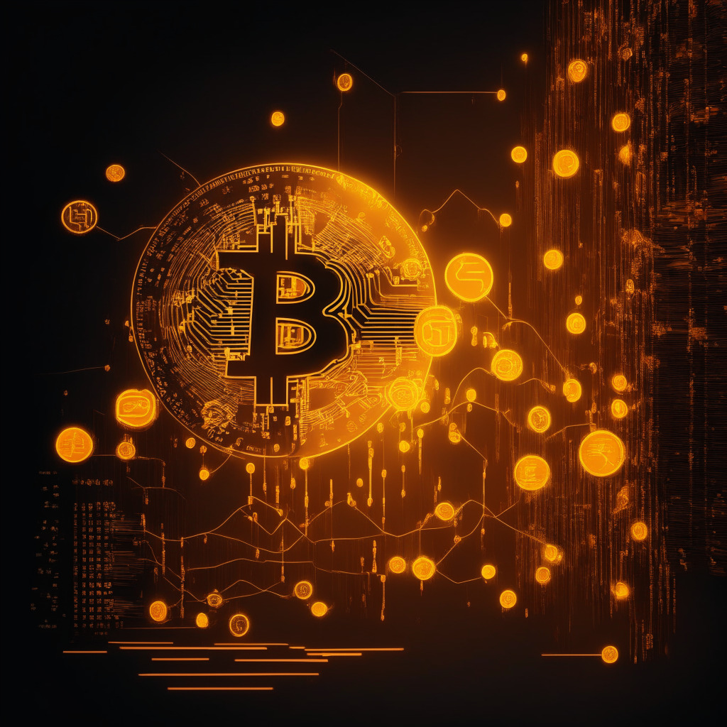 An abstract representation of the growing integration of Bitcoin ETFs into the securities market, showcasing an exchange platform with glowing digitally rendered Bitcoins tethered to traditional market symbols depicting progress, bright amber tones illuminate the scene to evoke a feeling of caution and anticipation, a contrasting matte black background to represent the unknown potential and volatility of the crypto markets, illustrating the mixture of positivity and skepticism surrounding the future of Bitcoin ETFs.