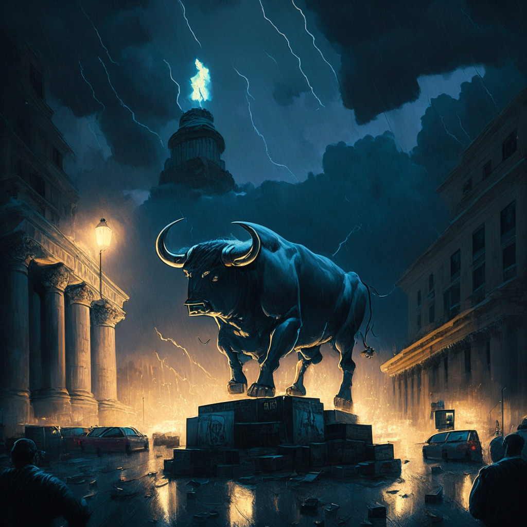 A moody urban landscape at dusk, spotlight illuminating an aggressive bull statue symbolizing a bullish outlook, Bitcoin coins raining down from dark clouds, representing the flash crash. Painted in the style of a baroque masterpiece, showing the chaos and intensity of the marketplace. A stronger U.S dollar is represented as stars shining brightly, hinting at the correlation with the crash. The scene also depicts sturdy exchanges standing unfazed amidst the storm, hinting at their resilience and optimism.