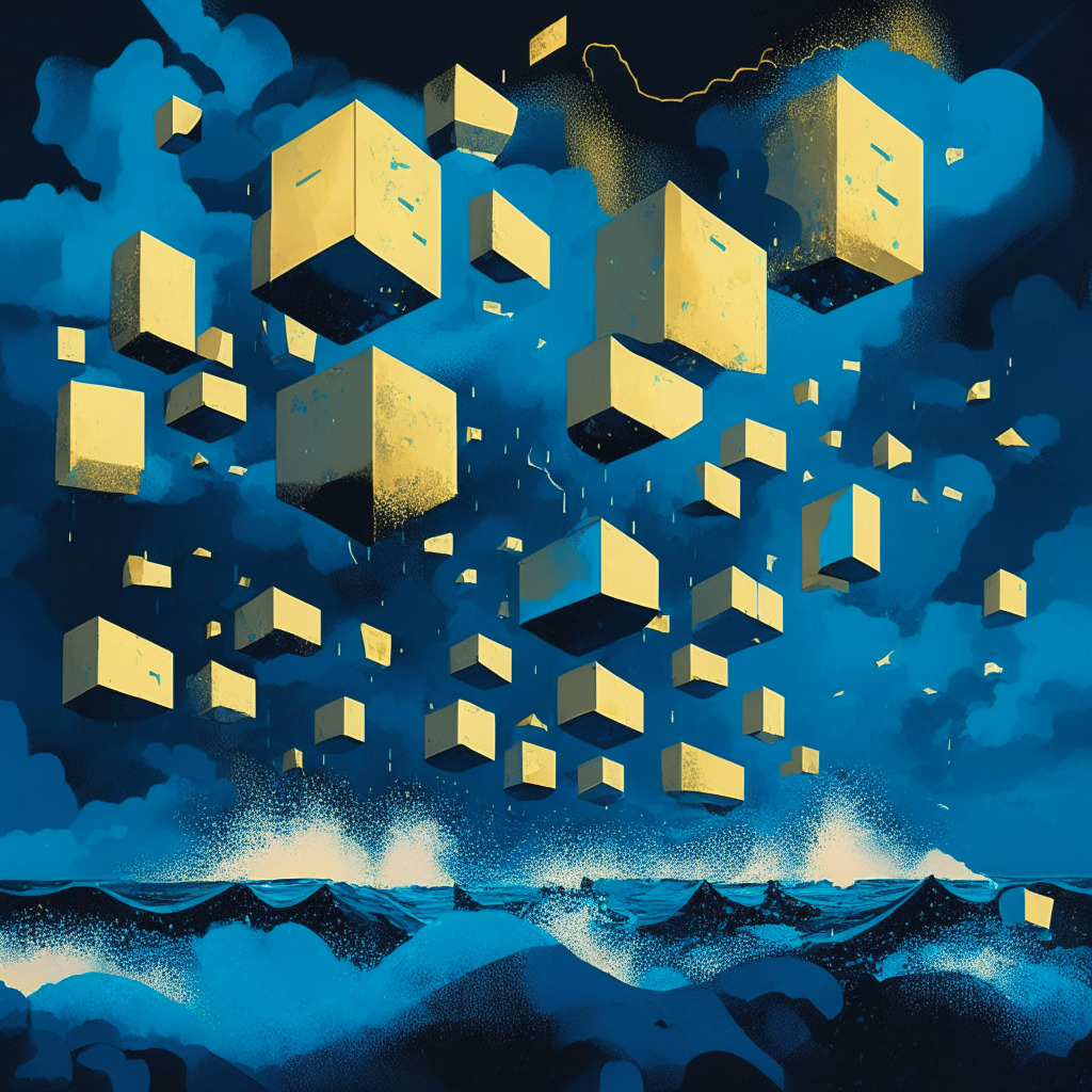 An abstract illustration in a futurist art style, representing the fluctuating fortunes of a blockchain entity. Features include fundamental building blocks falling and rising, shades of blue and gold crowding a crypto seascape under a stormy sky. The mood is a mix of uncertainty and resilience, emphasized with dramatic, brooding lighting.