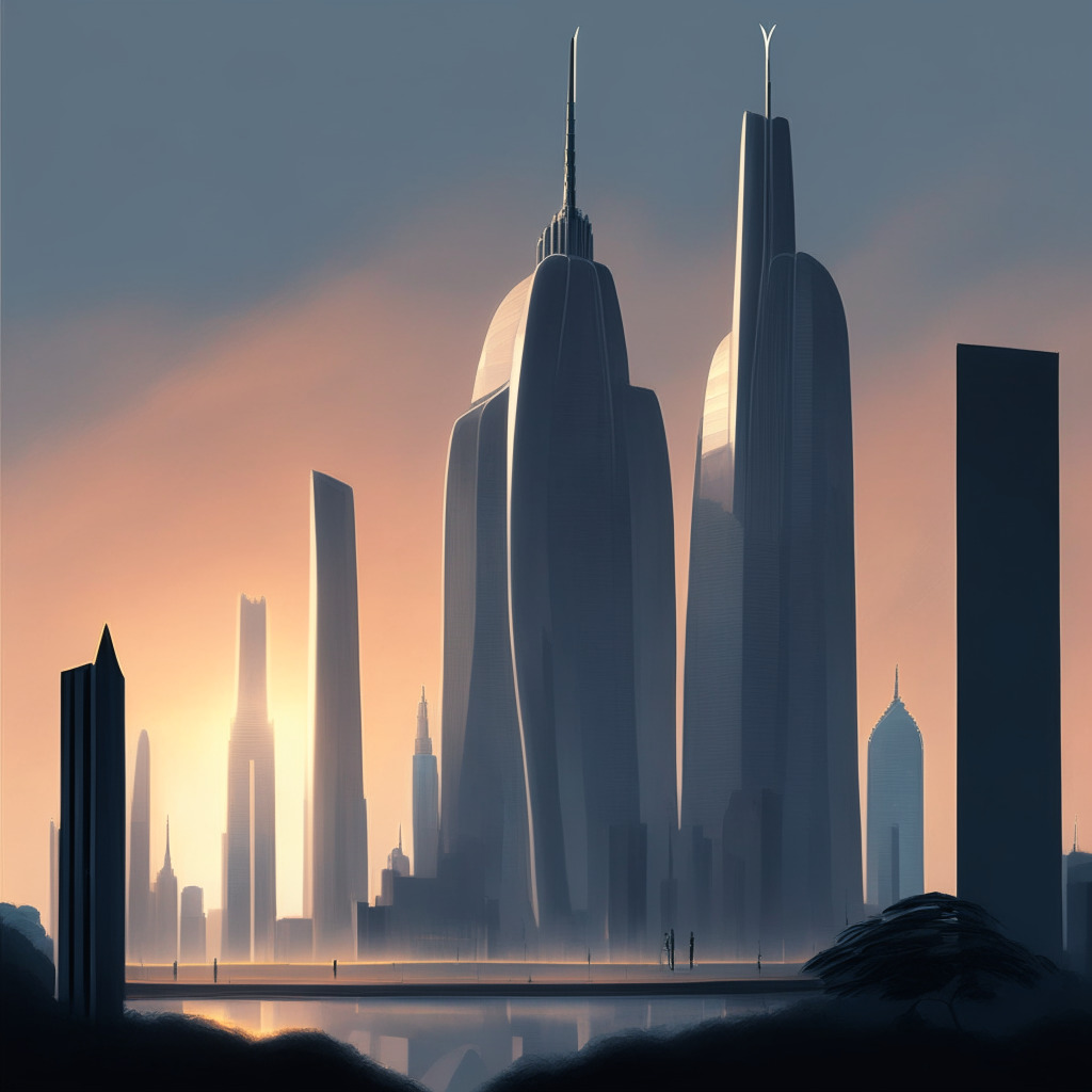 Digital painting of a futuristic French landscape, bathed in the silver glow of dawn. A large, stately bank stands prominently against the skyline, symbolic of traditional finance, its classic architecture juxtaposed with hints of modern technology. Opposite, a silhouette of smaller, avant-garde structures, indicative of nascent crypto companies. They exist in mutual harmony yet subtle competition, embodying market dynamism. A tightrope symbolizes the delicate balance of regulation and innovation, cautiously treaded by shadowy figures.