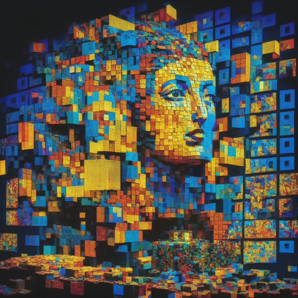 Surrealistic scene of a mosaic made from multiple NFT blocks, each block representing a fragment of a famous artwork in a pop art style, bright lights emphasize the digital nature of the scene, the mood is euphoric, demonstrating a democratization of art ownership.