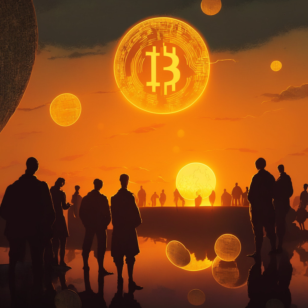 An atmospheric scene at dusk, lit by the soft glow of a setting sun. The foreground shows Argentinian investors fascinated by the allure of altcoins, represented as gleaming, irresistible orbs. Behind, a fluctuating graph symbolizes chaotic economic instabilities. At the horizon, a silhouette of Bitcoin made of gold augments the dreams of wealth. The mood is of hopeful uncertainty, painted in expressionist style.
