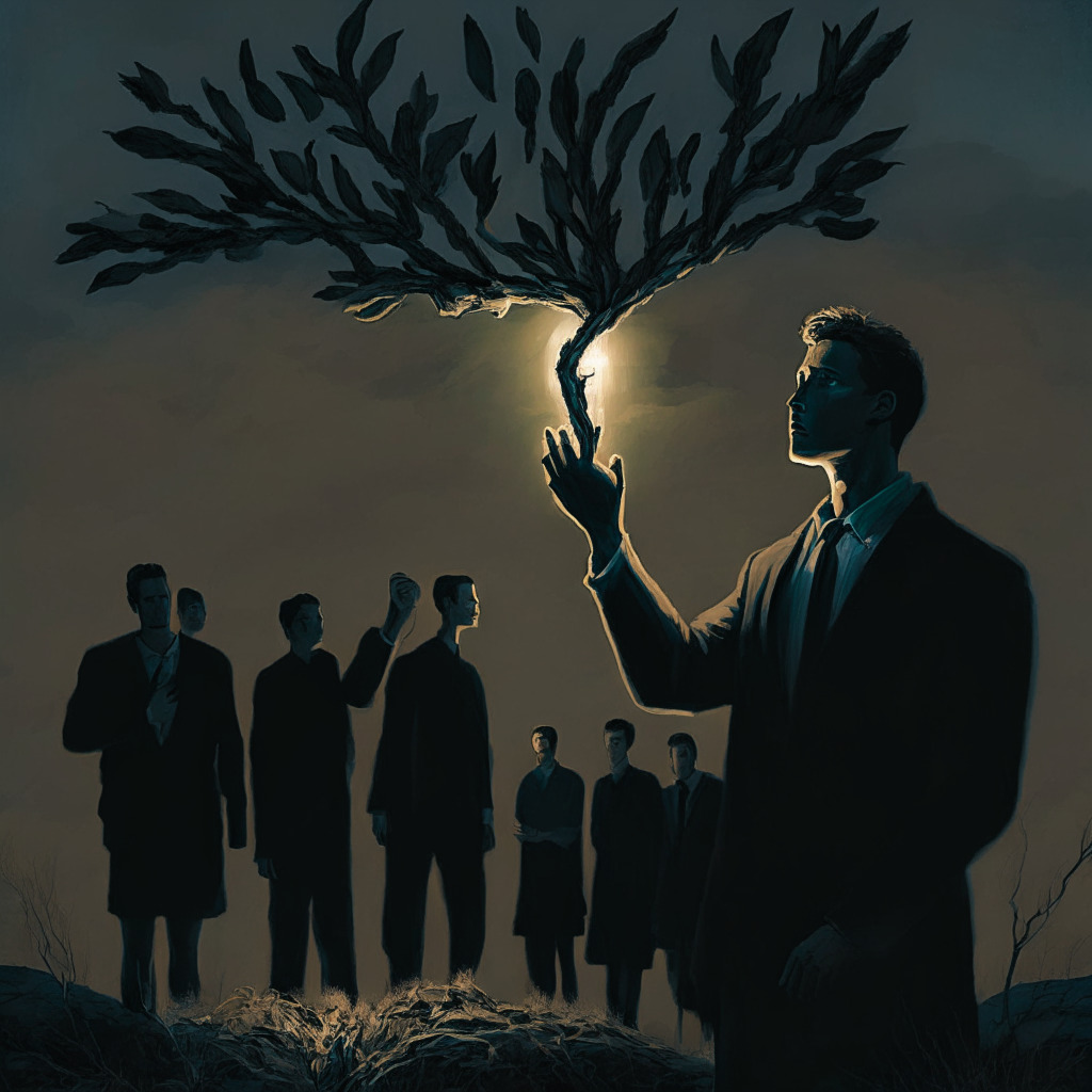 A twilight-lit scene, evoking sensations of uncertainty yet hopeful redemption. In the foreground, a symbolic figure stands resiliently, co-founder Kyle Davies, holding an olive branch, beacon of promised future earnings emerging subtly from it, indicating a 'shadow recovery process'. Behind him, a group of skeptical persons, embodying the distrustful creditors. The background depicts an evolving landscape; a collapsing structure symbolizing Three Arrows Capital's fall, a court house representing ongoing liquidations, and a new structure rising from the sands of a beach, hinting at the OPNX platform. Cast over by a contrasting sky, half cloudy, hinting at past turmoil, and half clear, indicating hopeful future. The mood is tense yet optimistic, styled in a lightly brushed impressionistic manner.