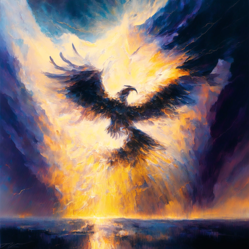 A phoenix rising from ashes in a turbulent storm, bathed in the soft glow of resurrection, in the style of impressionistic art. Set against a backdrop of digital matrix-like patterns, expressing Voyager Digital's resilience, struggle, and rebirth. The scene is under cloudy skies, denoting uncertainty, yet the hopeful dawn illuminates the path ahead.