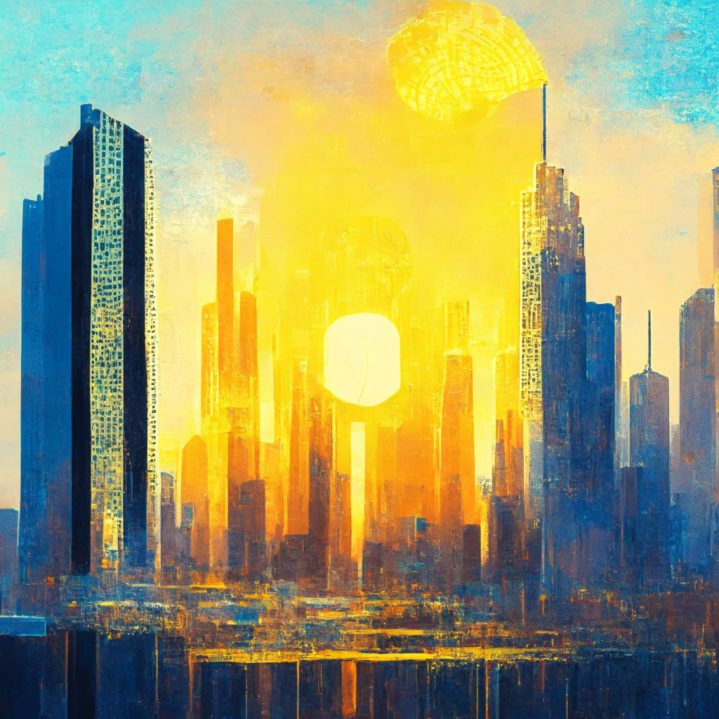 Dynamic sunrise over a blockchain cityscape, reflecting a bullish Bitcoin trajectory. A sprawling financial institution, iconically representing Standard Chartered, dominates the skyline. In the city's heart, a digital mining area grows, a visual metaphor for shifting supply dynamics. The mood is optimistic but cautious, painted in an impressionist style to reflect the unpredictable nature of the crypto market. Looming on the horizon, an abstract personification of AI, typifies future technological uncertainties.