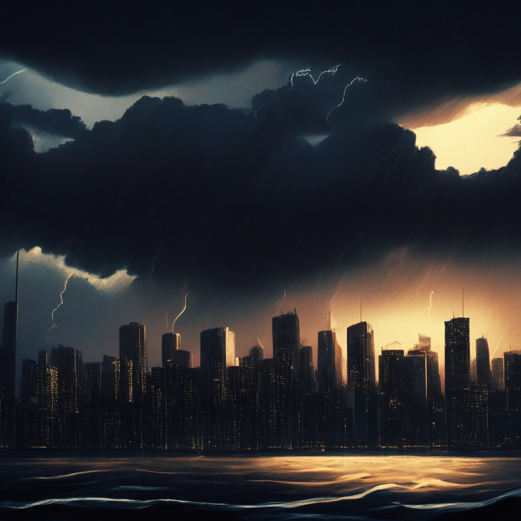 Evening city skyline under fluctuating weather, contrast of sunlight and stormy clouds, embodying optimism and caution. Currency-like Bitcoin coins with a $28K mark hover, showing volatility. Serious investors study screens with data graphs symbolising market strategy and potential risk, all rendered in a chiaroscuro-style painting conveying financial uncertainty, tension.
