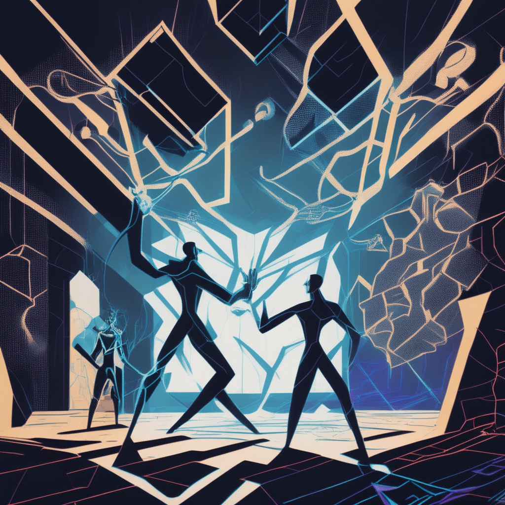 An abstract illustration of a heated debate between ethereal digital entities, reflecting Vitalik Buterin and Bitcoin enthusiasts, in a dark cybernetic space, representing the crypto domain. Picture the edgy, geometric Art Deco details to signify the clash of ideas, evoking a futuristic feel. Create a contrast between cold and warm light to signify the contentious atmosphere.