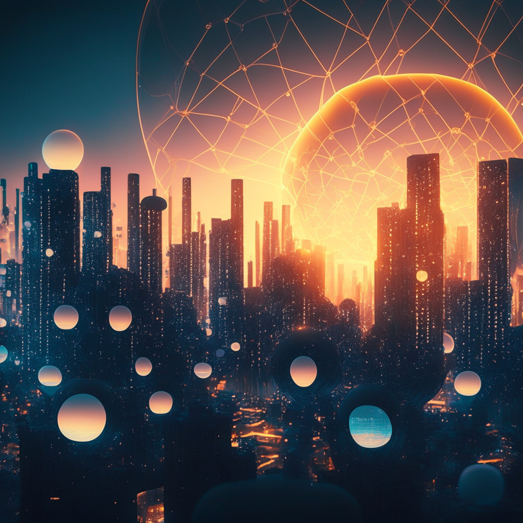 A futuristic cityscape bathed in the soft glow of twilight, various buildings representing 11 interconnected firms. Barren financial trees symbolize the bear market, in stark contrast to a sturdy network of ethereal, luminescent veins personifying AI and blockchain technology. Amid the complex urban expanse, glowing orbs hover, cryptic enigmas symbolic of digital assets. An optimistic sunrise on the horizon, hinting at potential market breakouts.