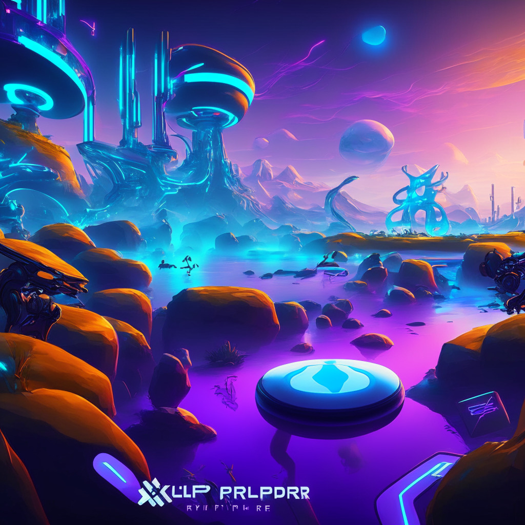 Futuristic and vibrant metaverse landscape being enriched with sophisticated AI content by Futureverse, diverse characters interacting with unique animations and engaging objects, AI-powered activities showcasing musical and gaming elements, Ripple's XRPL tech with gas tokens glowing in the distant backdrop, dynamic light setting illuminating creative studios and digital communities, an energetic mood with a hint of anticipation.
