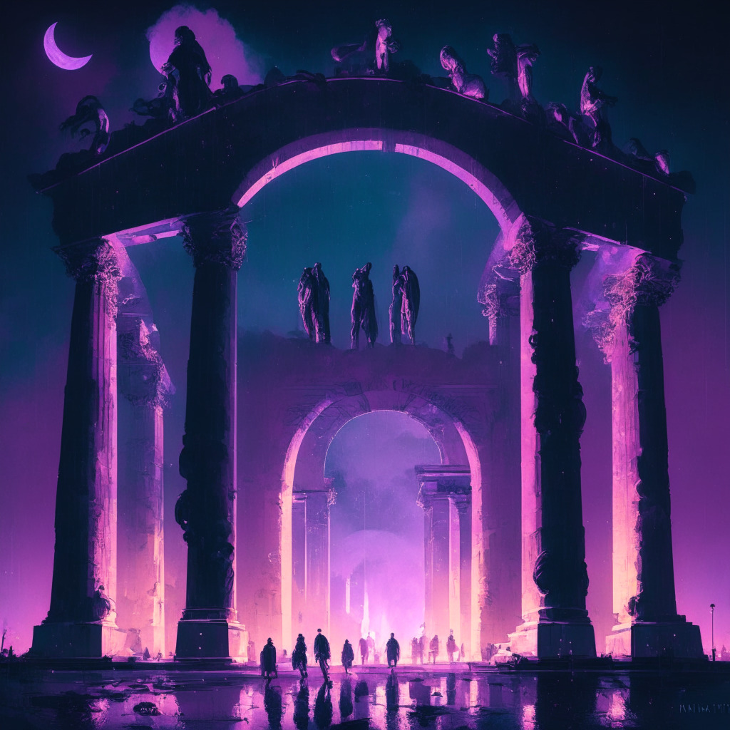 A nocturnal, futuristic cityscape in an impressionistic style. Vintage, low-light scene with smoky pastel hues of pink and purple, cold neons reflecting on the wet asphalt shimmering in the moonlight. Highlight a group of figures, symbolizing G20, under a monumental arch with allegorical crypto symbols, projecting an atmosphere of unity, mystery, and tension.
