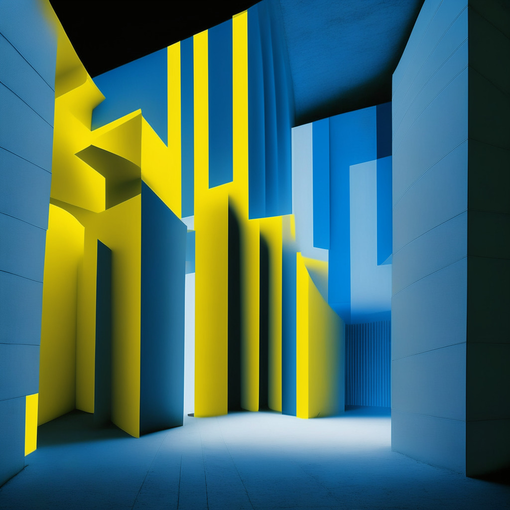 A greyscale, avant-garde inspired image, symbolizing the G20 nations as a large, sturdy wall on the left. It illuminates in soft yellow light, signifying regulating power. Against it leans a semi-transparent, unpredictable crypto wave in hues of blue, demonstrating volatility. The ambience must be serious and orderly, reflecting the regulatory oversight atmosphere.