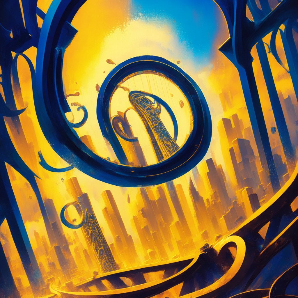 An evocative image that captures the volatility of blockchain gaming token Gala Games, portrayed as a winding rollercoaster ride soaring to highs, plummeting into abyss, leading up a pathway of hope, against a backdrop of a diverse, vibrant altcoin cityscape, Bathed in the alternating warm golden glow of opportunity and the chilling blue hue of risks, painting the dramatic mood swings of crypto trading.