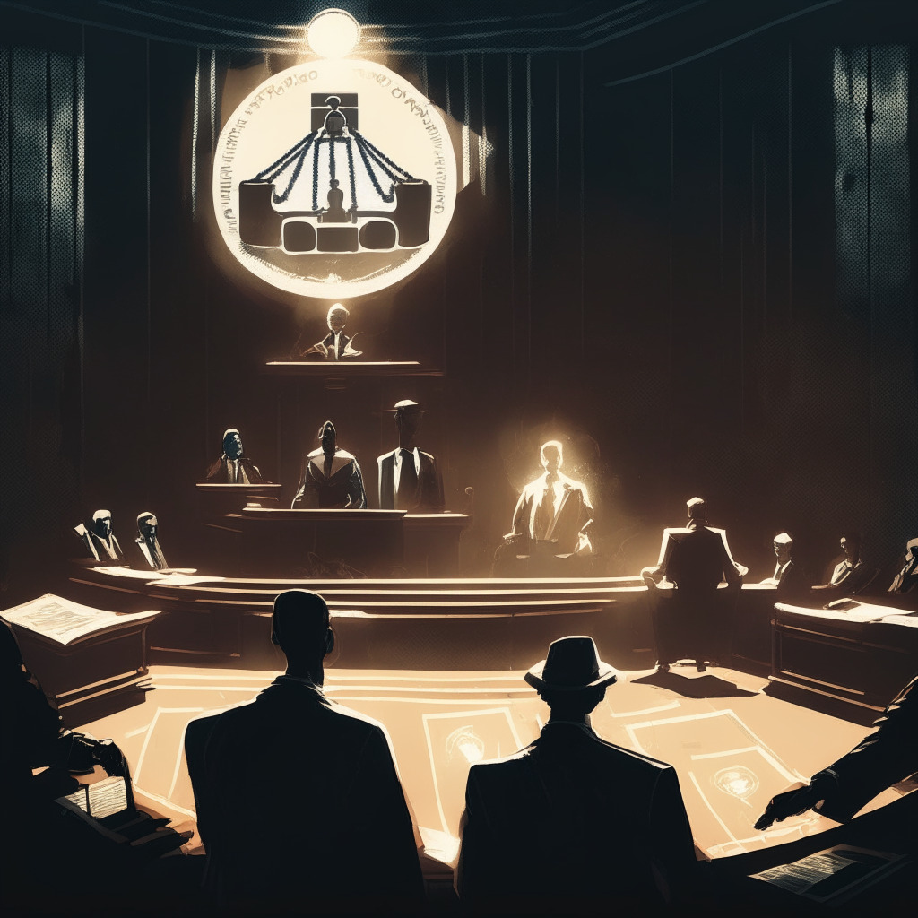 Dramatic courtroom scene, federal judge and a suspect in the spotlight, ton of cryptography symbols and tokens floating as shadows create a visual blockchain metaphor. Dim light setting, using the style of chiaroscuro painting, emotes a tense, almost secretive mood akin to the confluence of transparency and discretion in blockchain trials.